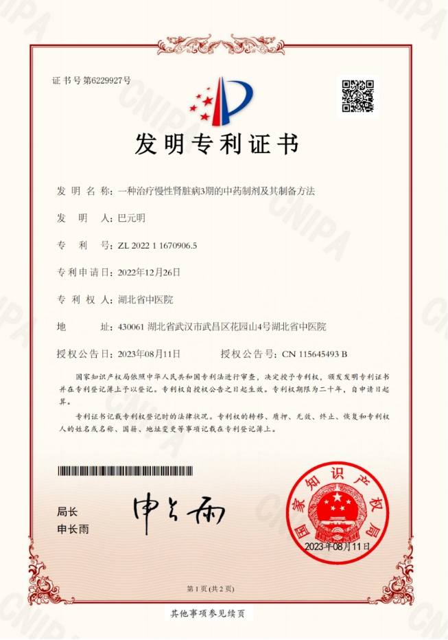 发明专利：一种治疗慢性肾脏病3期的中药制剂及其制备方法